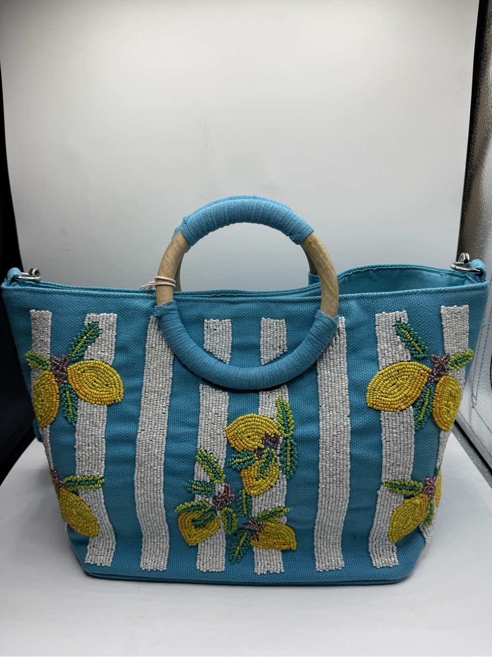 Sol and Mer Blue Lemon Beaded Canvas Tote Bag Crossbody NWT